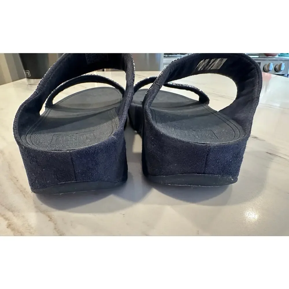 FitFlop Women’s Size 10 Navy Blue Rhinestone Crystal Two Strap Slide Sandals